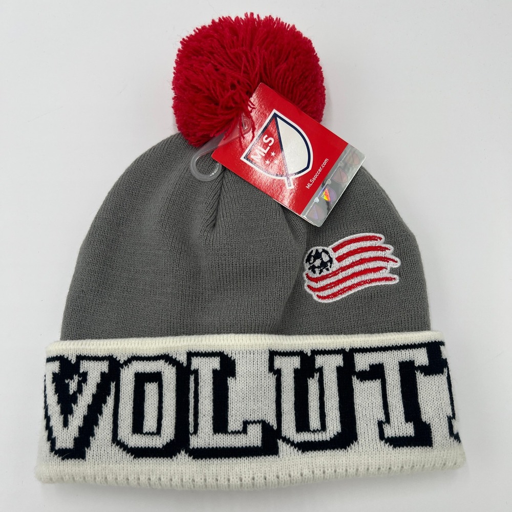 MLS New England Revolution Beanie Hat Gray Red Pom Cuffed Knit Soccer Cap NWT